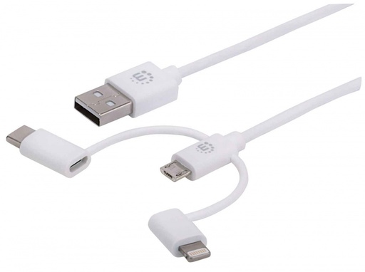 [ACC20122892] Manhattan Cable USB A - Micro USB B/USB C/Lightning Macho, 1 Metro, Blanco