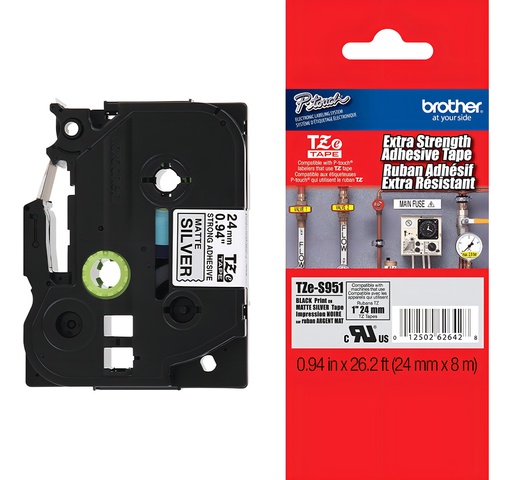 [PRI42562] Cinta brother tzes951 laminada texto negro fondo plata mate 24mmx8m