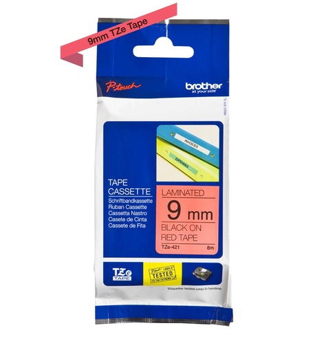 [PRI71353] Brother Cinta TZE421G Negro sobre Rojo, Transferencia Térmica, 9 mm x 8 Metros, 1 Pieza