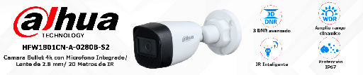 [MNS40041] Camara dahua dh-hac-hfw1801cn-a bullet 4k con micrófono integrado/ 8 megapixeles/ lente de 2.8 mm/ 106 grados de apertura/ 30 metros de ir/ wdr real de 120 db/ soporta: cvi/tvi/ahd/cvbs/ #prohdcvi