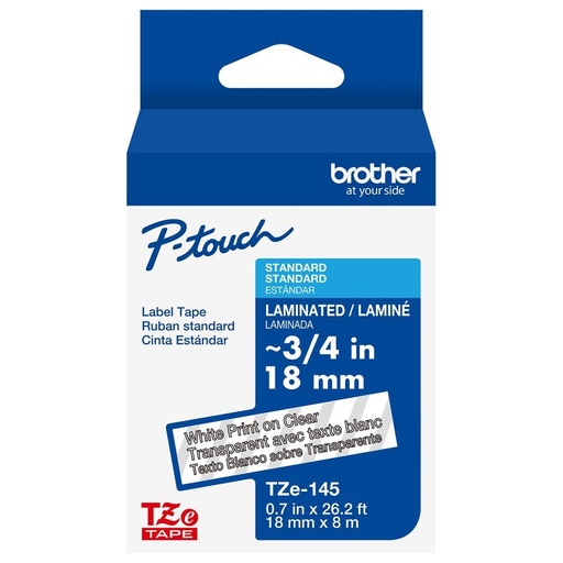 [PRI71432] Brother Cinta TZE145G Blanco sobre Transparente, Transferencia Térmica, 18 mm x 8 Metros, 1 Pieza