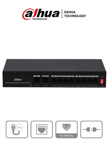 [NET1921] Switch Poe de 10 Puertos Fast Ethernet DAHUA DH-PFS3 010-8ET-65 65 Watts Totales Soporta PoE Watchdog