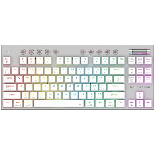 [KNM183233] Teclado Gamer Balam Rush Dominate Expert GK959 LED RGB TKL, Teclado Mecánico, Switch Brown, Inalámbrico, RF Inalámbrico/Bluetooth, Blanco, Español