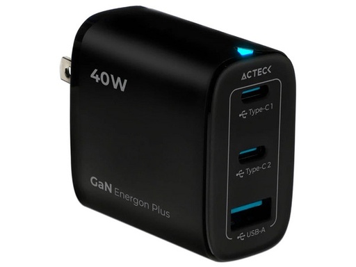 [POW681473] Cargador de Pared Acteck Energon Plus CP440 de 40W, GaN, 2 Puertos USB Tipo C, 1 Puerto USB Tipo A, Color Negro