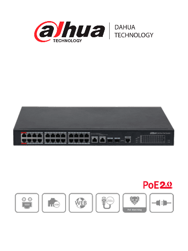 [NET1960] Dahua dh-pfs4226-24et-240  - switch  poe administrable de 26 puertos ethernet/ 24 puertos poe/ 240 watts totales/ interfaz web/ 