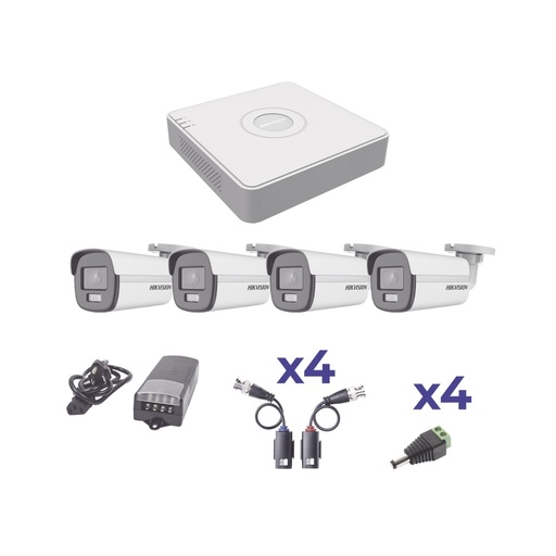 [SEC2945] Kit de Vigilancia Hikvision Colorvu, 4 Cámaras Bala Exterior 2.8mm 1080p + DVR 4 Canales + 4 Transceptores + Fuente de 4 Canale