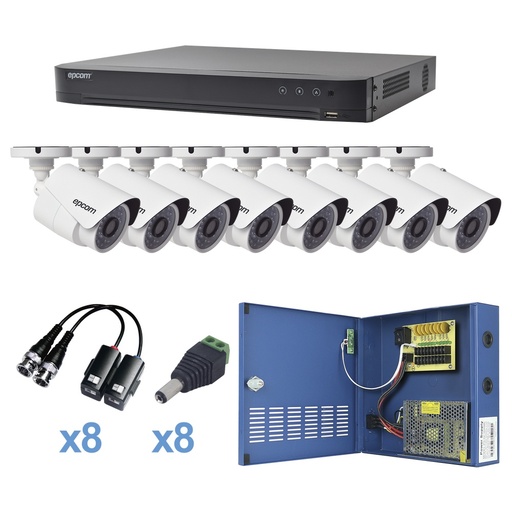 [SEC3017] Kit turbohd 1080p / dvr 8 canales / 8 cámaras bala (exterior 2.8 mm) / transceptores / conectores / fuente de poder profesional 