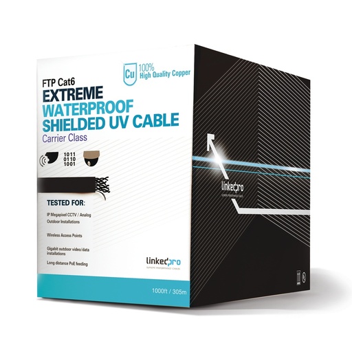 [SEC3032] Bobina de cable 305 metros cat6+ calibre 23, climas extremos, color negro, sin blindar, para intemperie. 