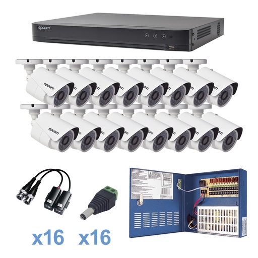 [SEC3037] Kit turbohd 1080p / dvr 16 canales / 16 cámaras bala (exterior 2.8 mm) / transceptores / conectores / fuente de poder profesiona