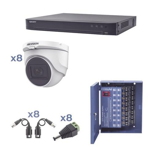[SEC3081] Kit TURBOHD 1080p DVR 8 Canales 8 Cámaras Turret (exterior 2.8 mm) Conectores Transceptores Fuente de Poder Profesional hasta 15