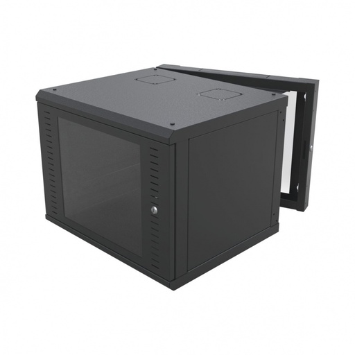 [NET2353] Gabinete abatible de pared (con marco trasero) con rack 19" de 9 unidades. ventana de cristal templado.