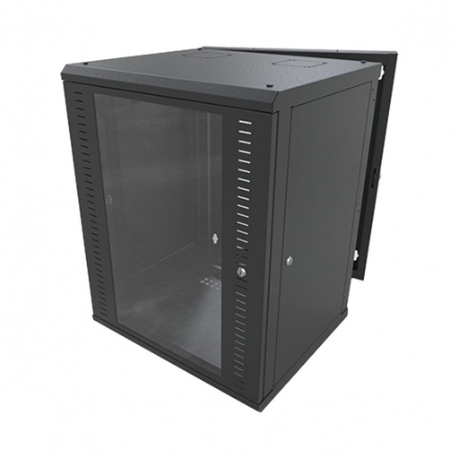 [NET2367] Gabinete abatible de pared (con marco trasero) con rack 19" de 16 unidades. ventana de cristal templado.