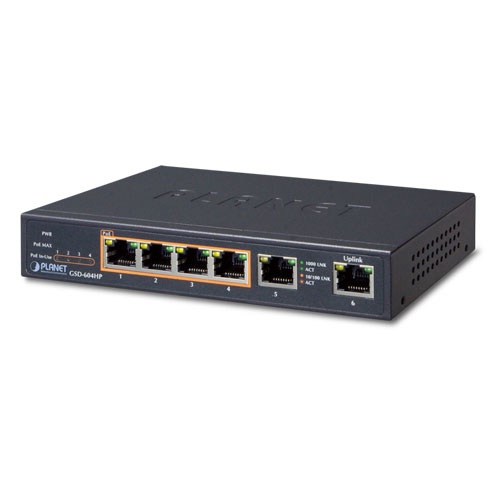 [NET2956] Switch no administrable / planet gsd-604hp / 6 puertos rj45 10/100/1000 mbps / 4 puertos poe 802.3at/af (puertos 1 – 4) / sin ve