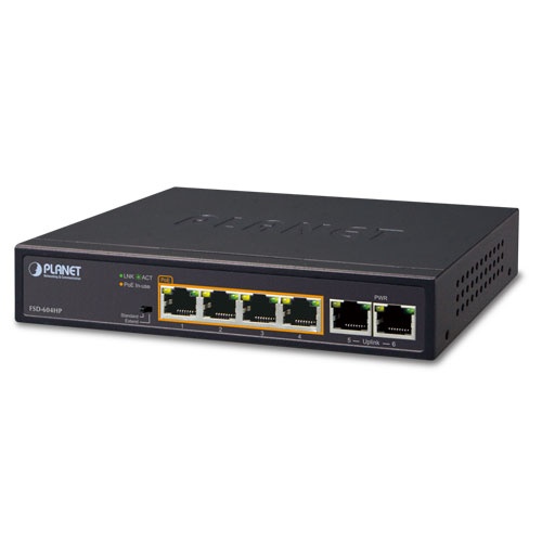 [NET2957] Switch no administrable planet fsd-604hp / 6 puertos rj45 fast ethernet 10/100 mbps / 4 puertos con poe 802.3af/at (puertos 1 – 