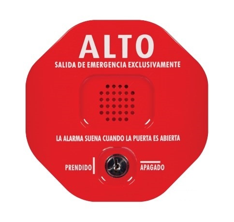 [SEC6928] Anunciador audible y visible para salida de emergencia, texto en inglés y etiquetas en múltiples idiomas