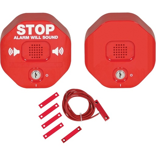 [SEC7013] Anunciador audible para salida de emergencia de doble hoja con sirena remota, color rojo y texto en inglés