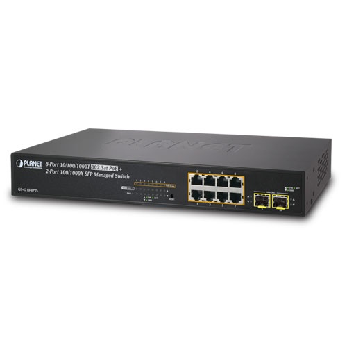 [SEC8572] Switch administrable capa 2 de 8 puertos poe 802.3af/at gigabit 140 w max, 2 puertos sfp, modo extendido hasta 250 m.