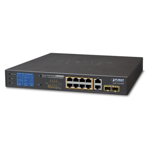 [SEC9794] Switch no administrable 8 puertos gigabit con modo extend poe a 250 mts, 2 puertos uplink 10/100/1000 mbps, 2 puertos sfp