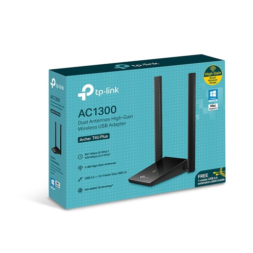 [NET5719] Tarjeta de red usb 3.0 tp-link archer t4u plus, ac1300, 5dbi, mu-mimo, 5 ghz, 2.4 ghz, 2 antenas duales de alta ganancia, wi-fi 