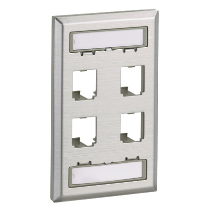 [WIR4157] Placa de pared vertical, de acero inoxidable, salida para 4 puertos mini-com, con espacios para etiquetas